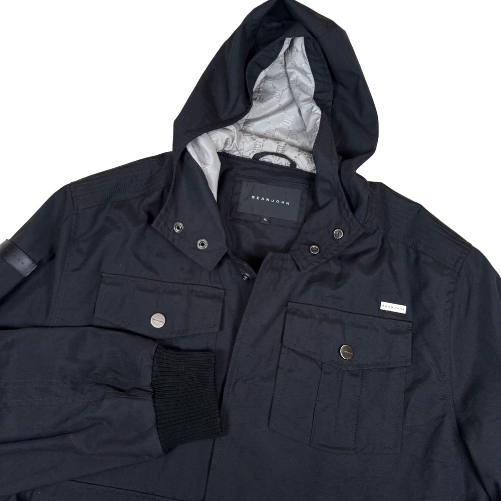 Sean John Black Hooded Military Jacket Mens XL Snap Button Pockets